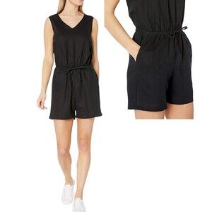 New Women Black Romper Size 4 Linen Blend V Neck Drawstring Jumpsuit